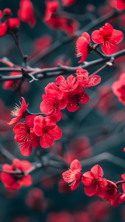 Red plum blossoms on a tree branch in spring. Spring backgroundの写真素材