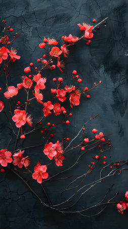 Beautiful red flowers on black background, flat lay. Space for textの写真素材