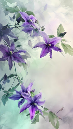 Beautiful purple clematis flowers on abstract watercolor background.の写真素材