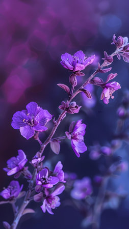 Purple flowers on a dark background with bokeh effect.の写真素材