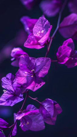 Purple bougainvillea flowers on dark background, Thailand.の写真素材