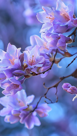 Branch of a blossoming tree with purple flowers on a blue background
