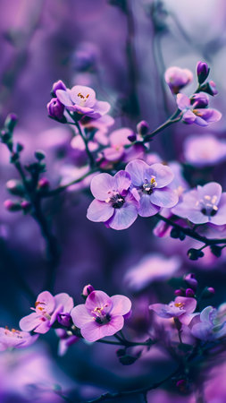 Beautiful spring background with purple flowers, selective focus, toningの写真素材