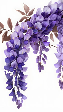 purple wisteria flowers on a white background with copy spaceの写真素材