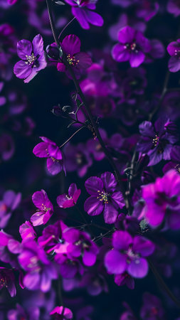 Close up of purple flowers on black background. Floral background.の写真素材