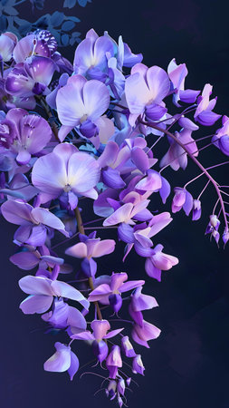 Purple wisteria flowers on a dark background. Floral backgroundの写真素材