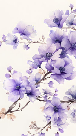 violet flowers on a white background, floral background, watercolorの写真素材