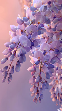 Wisteria flowers blooming in the garden. Spring background.の写真素材