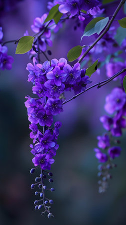 Purple flowers of Wisteria japonica on a dark backgroundの写真素材