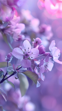 Beautiful pink flowers of an apple tree on a blurred background.