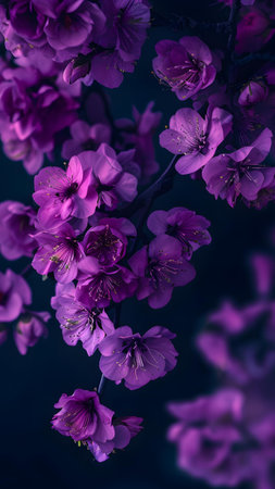 Beautiful blooming sakura flowers on a dark blue background.の写真素材