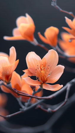 Branch of a blossoming tree with orange flowers on a black backgroundの写真素材
