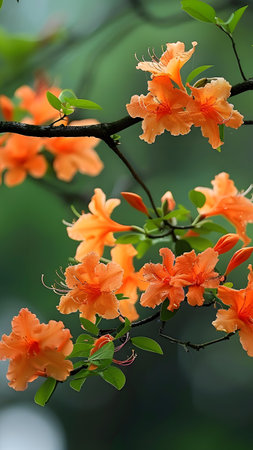 Orange azalea flowers blooming on a branch in the gardenの写真素材