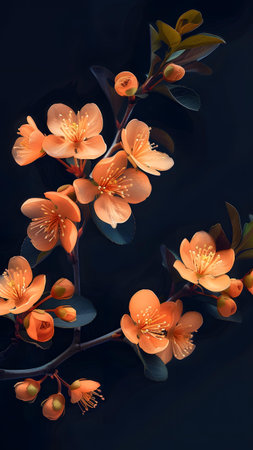 Branch of blooming Japanese quince flowers on a black background