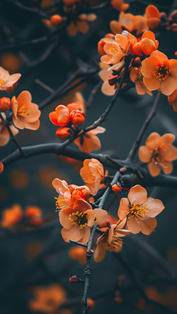 Beautiful blooming Japanese quince (Chaenomeles japonica)の写真素材