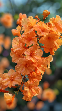 Beautiful orange flowers on a tree in the garden, close up