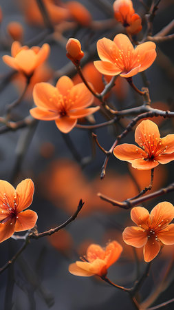 Branch of orange flowers in the morning light. Selective focus.