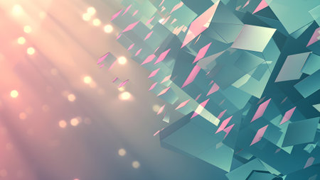 Abstract 3d rendering of chaotic geometric shapes. Bokeh light effect background.