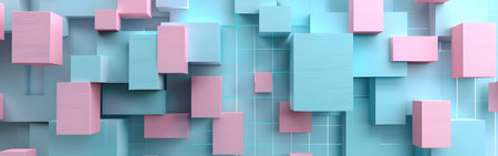 3d render, abstract geometric background with pink and blue cubes.