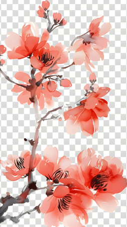 Watercolor blossom sakura branch isolated on transparent background. Japanese cherry blossom. Vector illustration.の写真素材