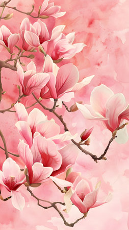 Magnolia flowers on watercolor background, vector illustration. Spring blossomの写真素材