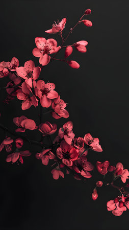 Beautiful blooming branch of cherry on a black background. Studio shot.の写真素材