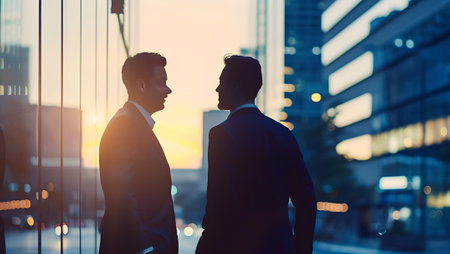 business, people and office concept - close up of two businessmen talking over office building backgroundの写真素材