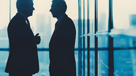 Silhouette of two business people talking in office. Concept of teamwork.の写真素材
