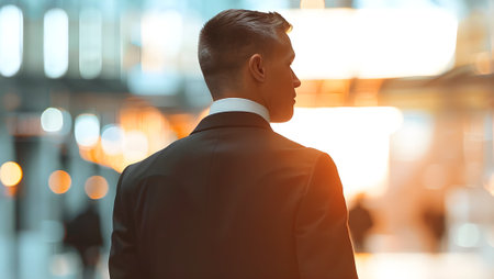 Side view of a young businessman looking away in an office building.の写真素材