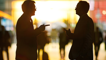 Silhouette of two business people talking in the city at sunsetの写真素材