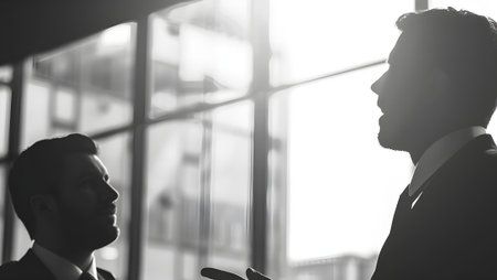 Silhouette of two businessmen talking in office. Black and white