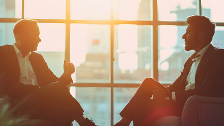 Two businessmen sitting in an office waiting for a job interview. Copy spaceの写真素材