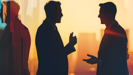 Silhouettes of business people discussing over cityscape background. Double exposureの写真素材