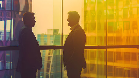 Businessmen talking in the lobby of a modern office building at sunsetの写真素材