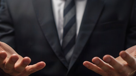 Businessman with open hands in front of him, close-upの写真素材