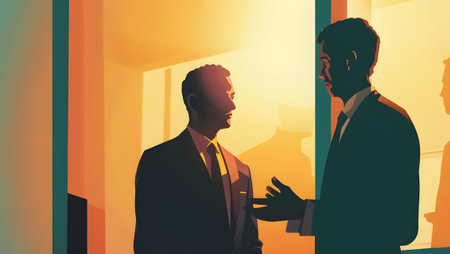 Businessman talking to another businessman in office. Concept of teamwork. Double exposure