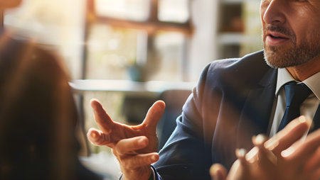 Cropped image of businessman in formal wear gesturing while sitting in officeの写真素材