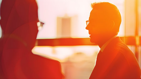 Silhouette of businessman and businesswoman talking in the office.の写真素材
