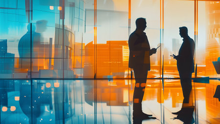 Silhouettes of business people working in modern office. Double exposureの写真素材