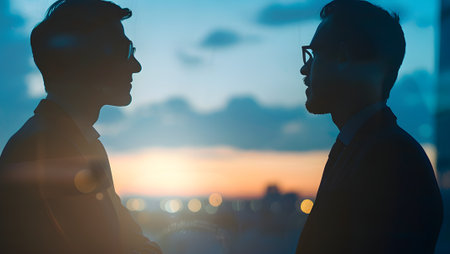 Silhouette of two business people talking on a rooftop in the eveningの写真素材