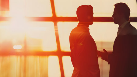 Silhouettes of businesspeople standing in office against window at sunsetの写真素材