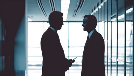 Side view of two businessmen looking at each other while standing in office corridorの写真素材