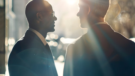 Businessman and businesswoman standing in the city, looking at each otherの写真素材