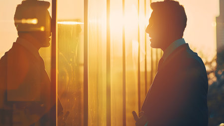 Silhouette of business man standing in front of window at sunset