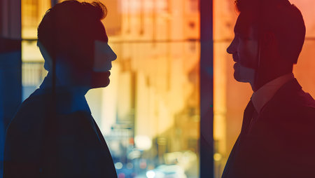 Silhouette of two young businessmen looking at each other through the window