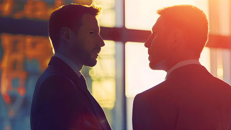 Side view portrait of two young businessmen looking at each other in officeの写真素材