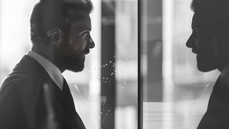 Silhouette of two businessmen looking at each other in the officeの写真素材