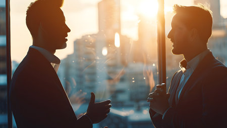Two businessmen talking on the background of a panoramic window.の写真素材