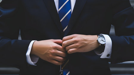 Close up of businessman hands buttoning his jacket. Businessman in suitの写真素材