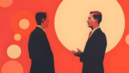 Two businessmen talking with each other against red and orange background with circlesの写真素材